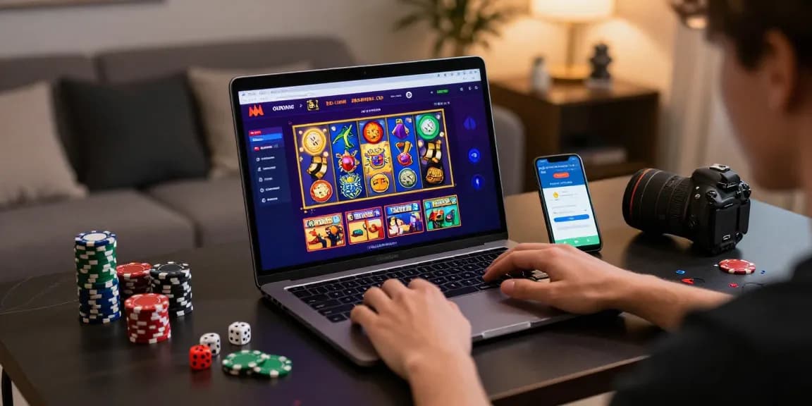 Player exploring slot deposit 5000 options on a modern online casino platform while surrounded by gaming accessories.