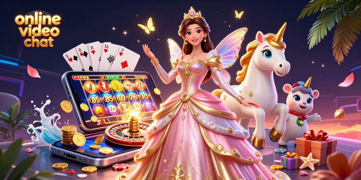 Engage in online video chat with vibrant casino elements and animated characters for dynamic interactions.
