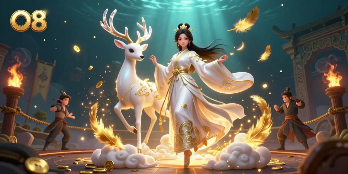 Spin the reels at O8 with a dazzling 3D illustration showcasing Asian themes and vibrant gambling elements.