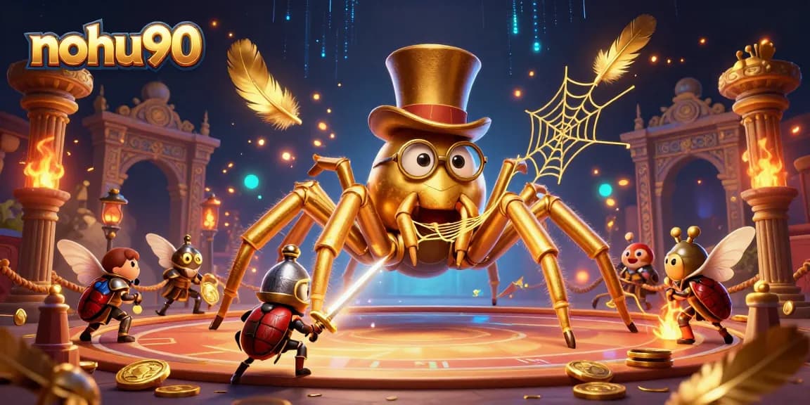 Nohu90 brings excitement to online play as a golden tarantula weaves threads of luck in a vibrant casino scene.