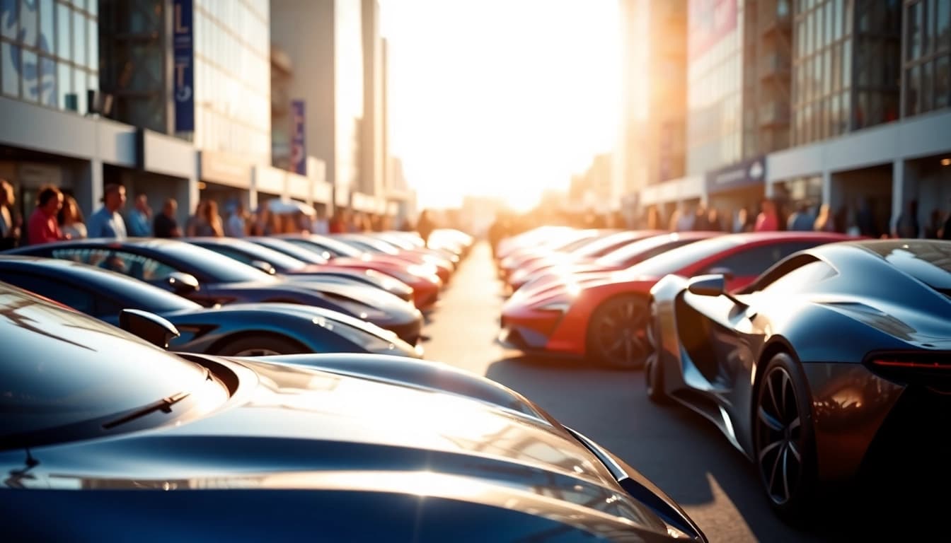Exciting display of futuristic cars at an Auto Cars Show, engaging crowd in the background.