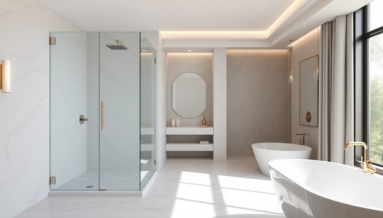 Stylish elegant showers Australia design in a modern bathroom with natural light and marble finishes.