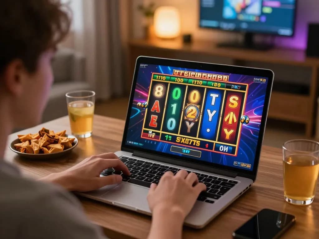 Engaging in an exciting online slot game at home with warm lighting and snacks at hand.