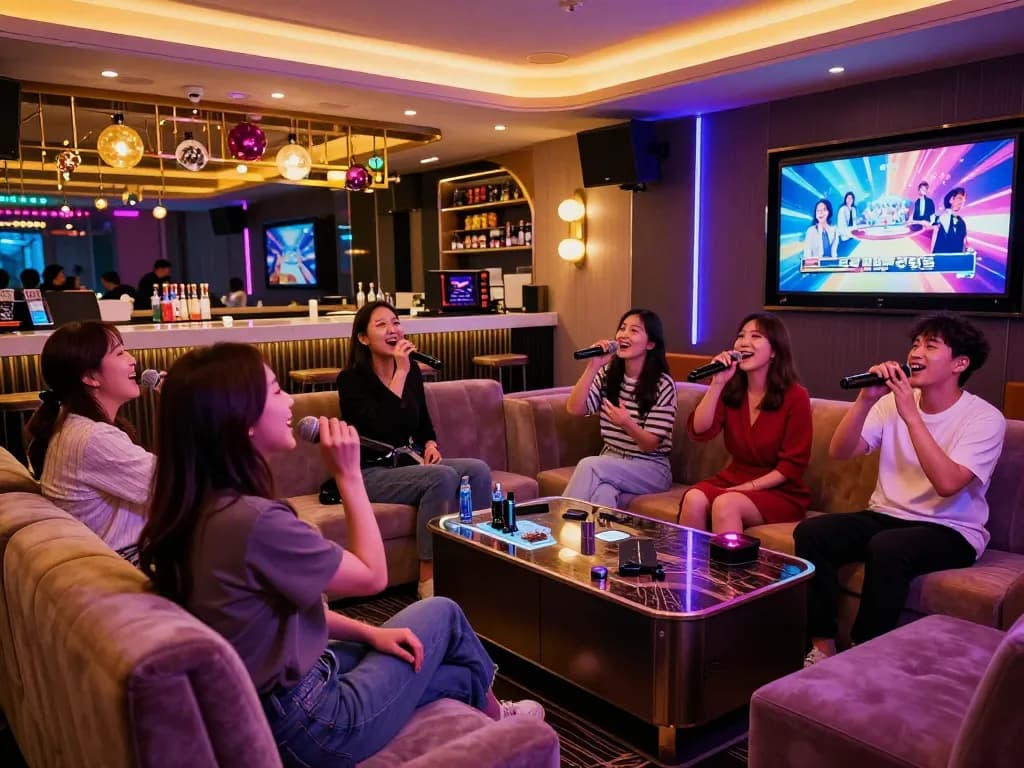 친구들과 함께 강남달토 노래방에서 즐거운 밤을 보내며, 활기찬 분위기와 프리미엄 사운드를 경험하는 모습.