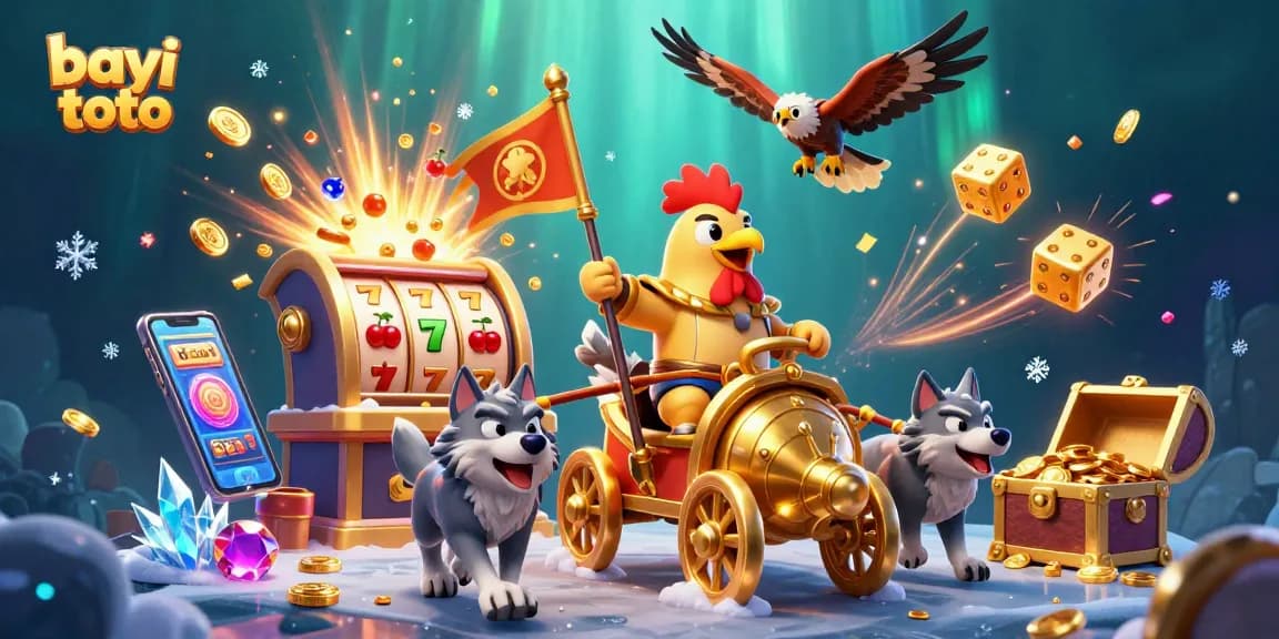 Experience the excitement of bayi toto with a vibrant 3D casino scene showcasing a rooster warlord, slot machine, and dynamic gaming elements.