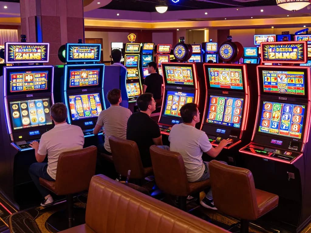 Players celebrating wins at colorful slot machines in a vibrant casino atmosphere