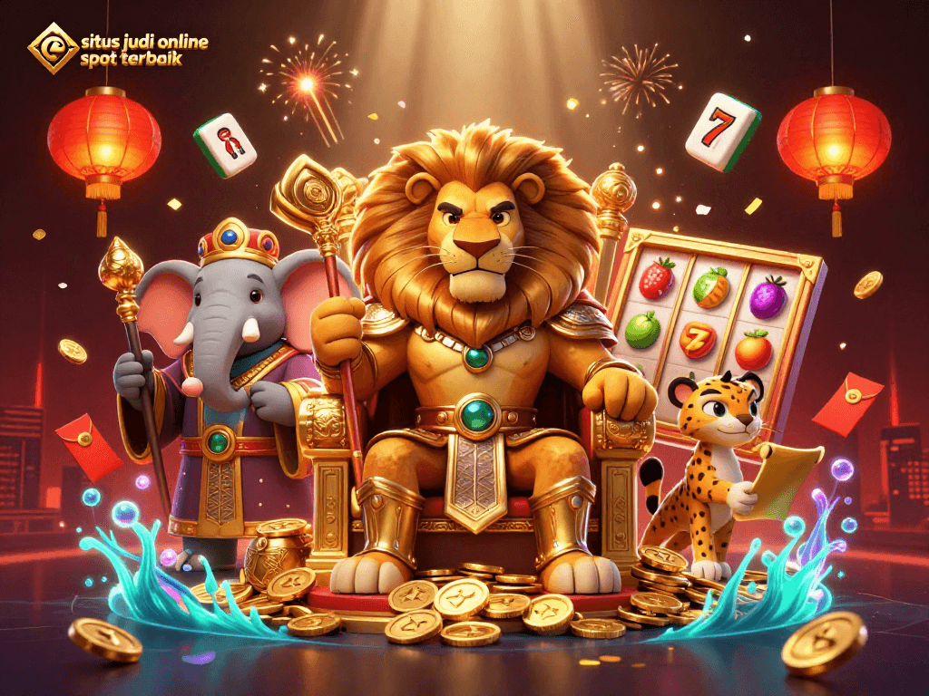 Menang besar di situs judi online slot terbaik dengan karakter kartun 3D yang menampilkan permainan slot dan simbol keberuntungan.