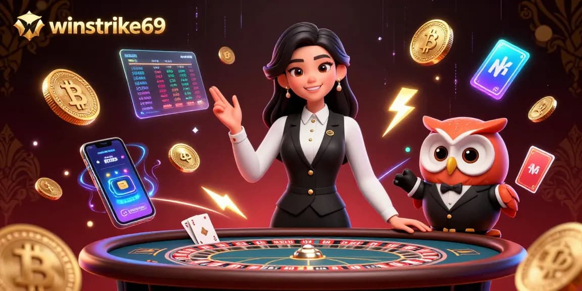 Experience winstrike69 with an elegant dealer and vibrant gaming elements in a captivating casino scene.