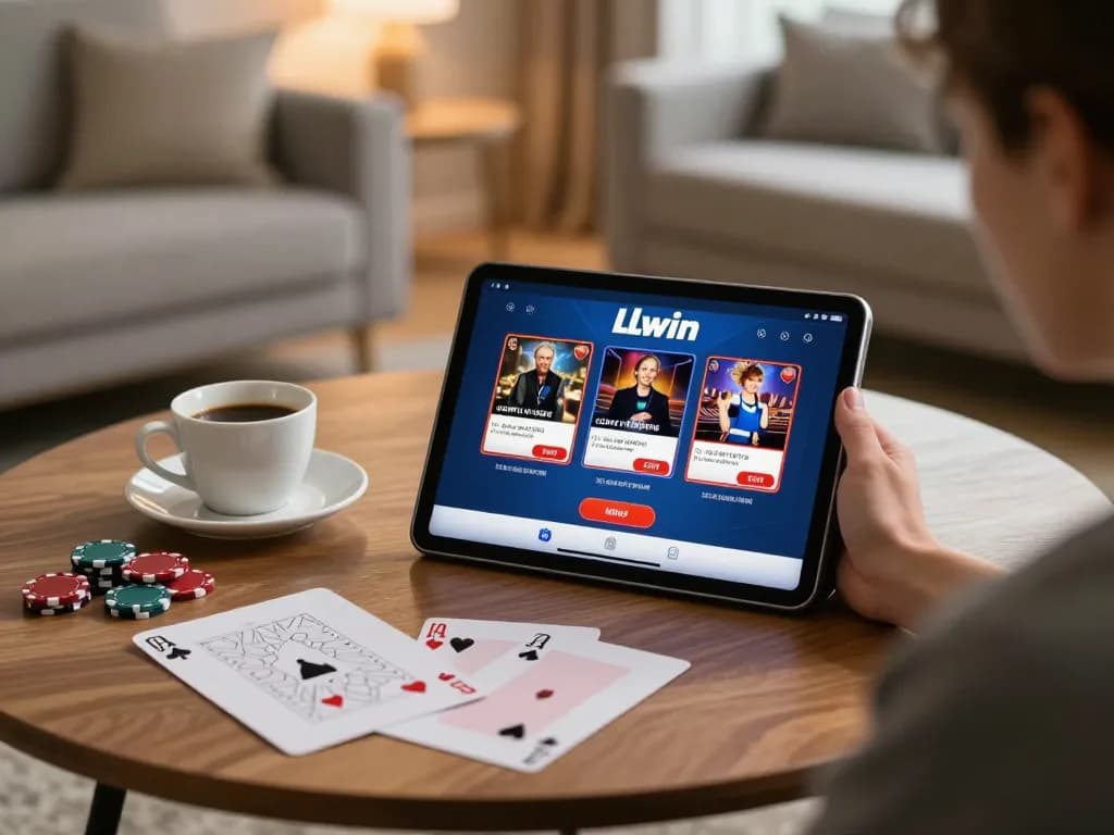 Engaging with LLwin deal poker app on a tablet in a cozy home setting, showcasing responsible gaming.