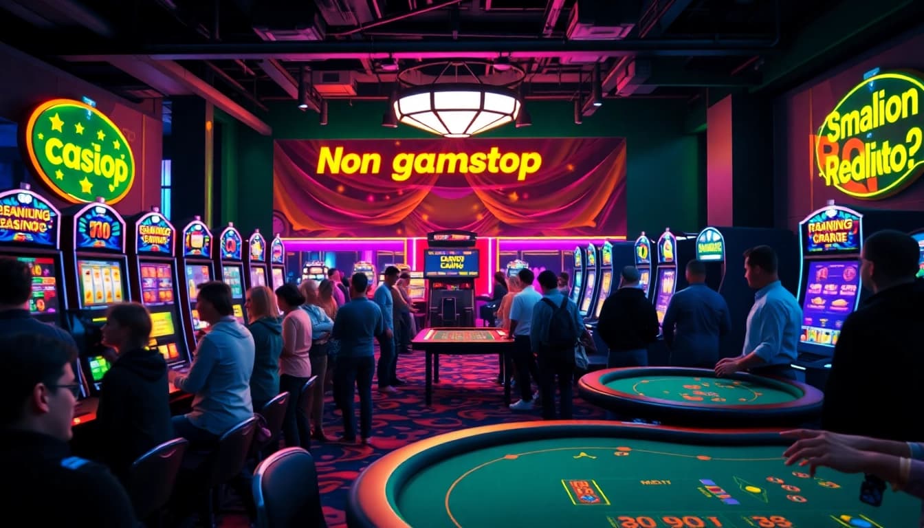 Exciting lively scene in a Non gamstop Casino Uk featuring players at gaming tables and vibrant lighting.