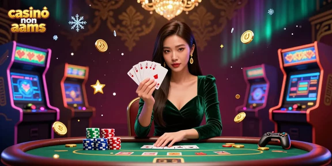 Scene di Casinò non AAMS con un elegante gioco di poker e vivaci elementi arcade 3D e illuminazione dinamica.