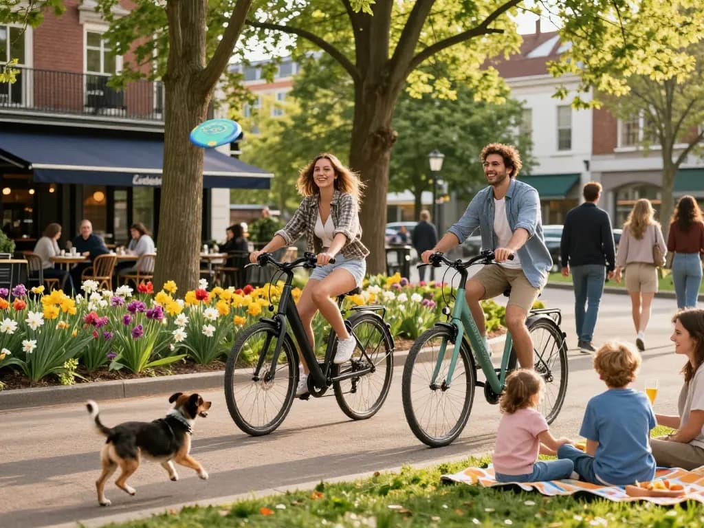 Couple riding Doppio Bike 2x in a lively city park, enjoying outdoor fun.