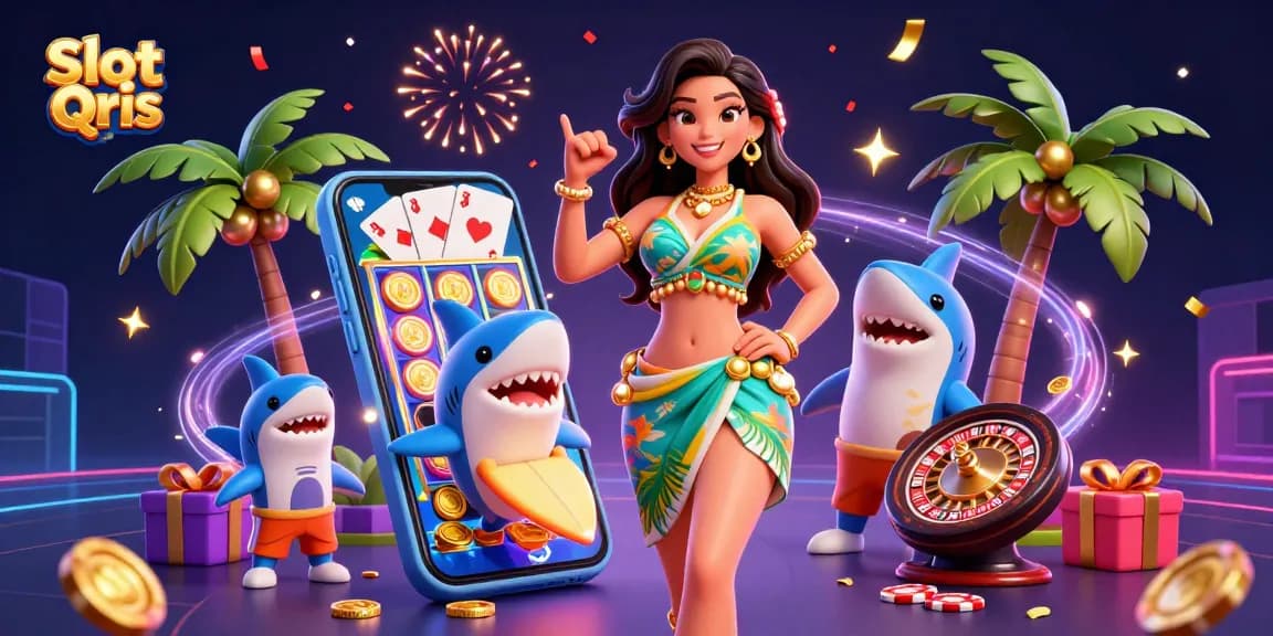 Engage in Slot Qris gaming with a glamorous scene featuring a woman and a friendly shark!