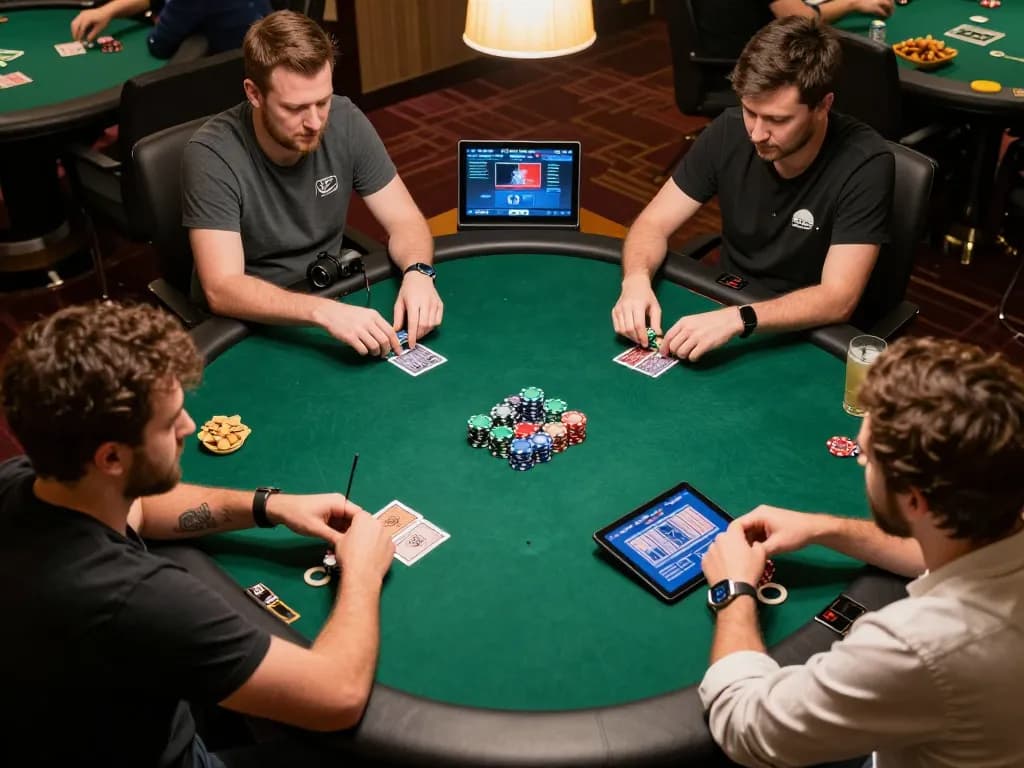 Players strategizing at an online poker game on sc88 in a lively home setting with vibrant colors.
