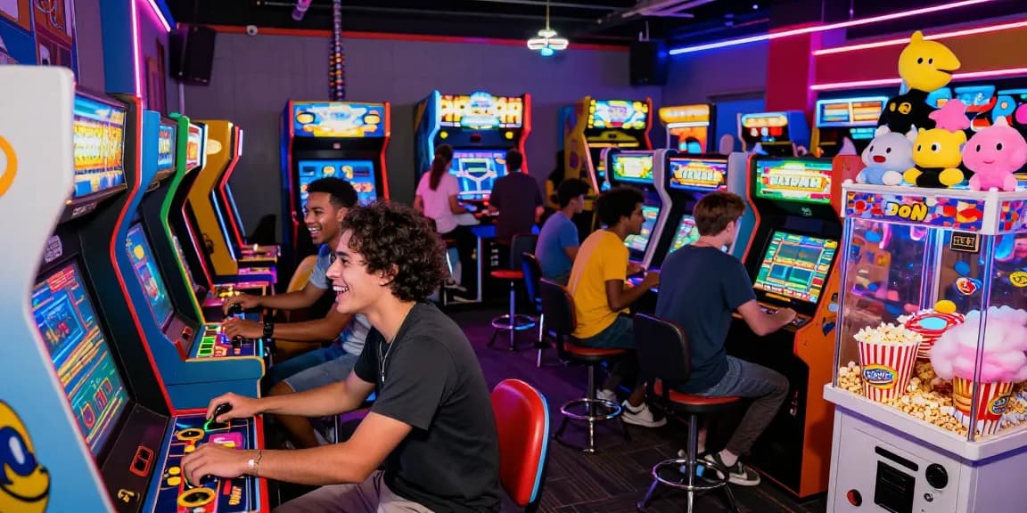 Friends enjoying arcade games at https://www.thelazerfactory.com/arcade-games/ in a vibrant, retro-lit environment.