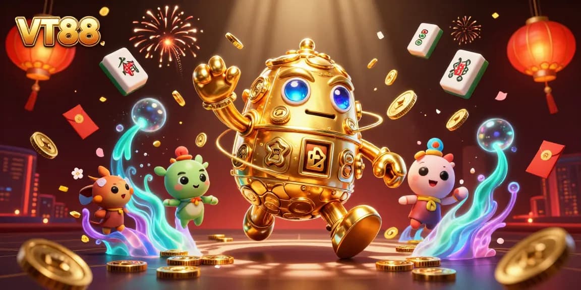 Experience the thrill of VT88 as golden golems unveil treasures in an enchanting casino atmosphere.