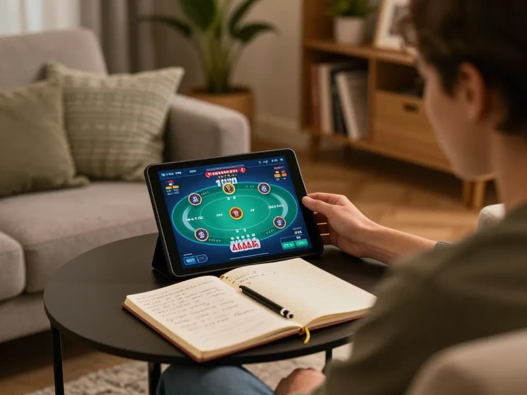 Player enjoying a strategic online poker game on 3win in a cozy living room setting