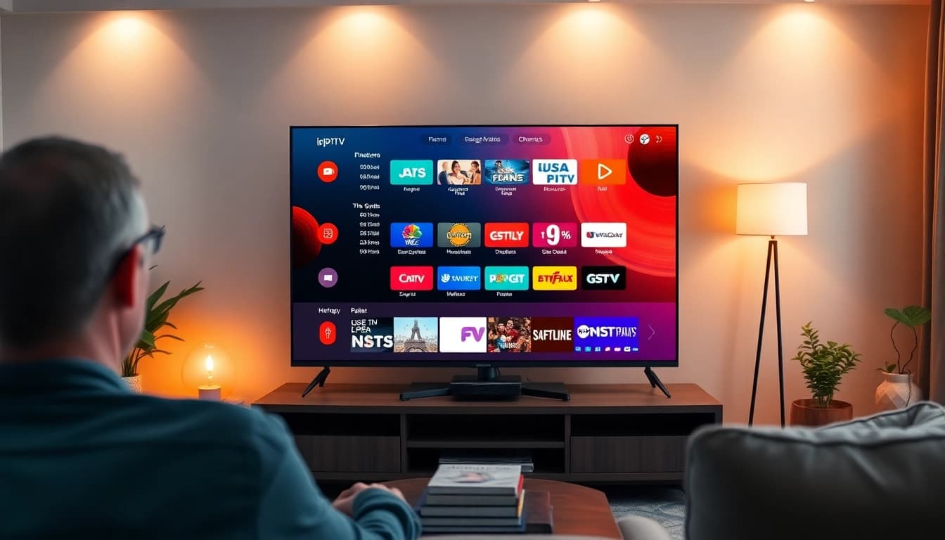 Engaging IPTV Suisse interface displayed on a contemporary TV in a cozy living room.
