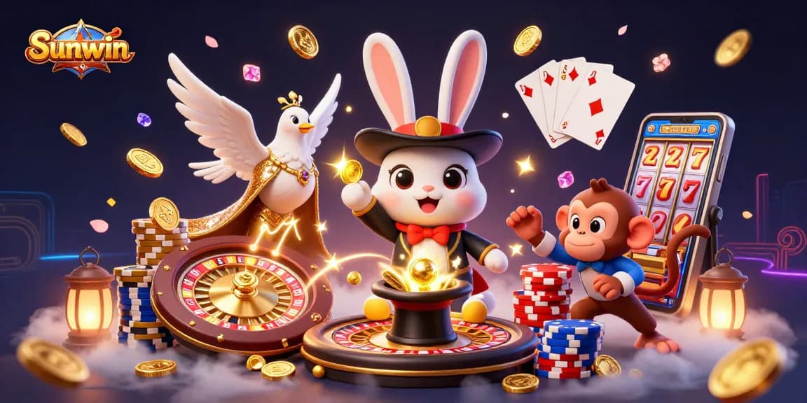 Sunwin's charismatic magician rabbit conjures golden coins amid casino excitement.