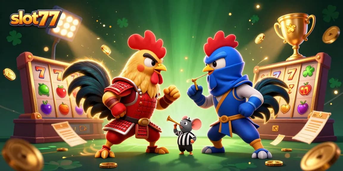 Experience thrilling gameplay with slot777 as animated roosters duel amidst vibrant slot elements.