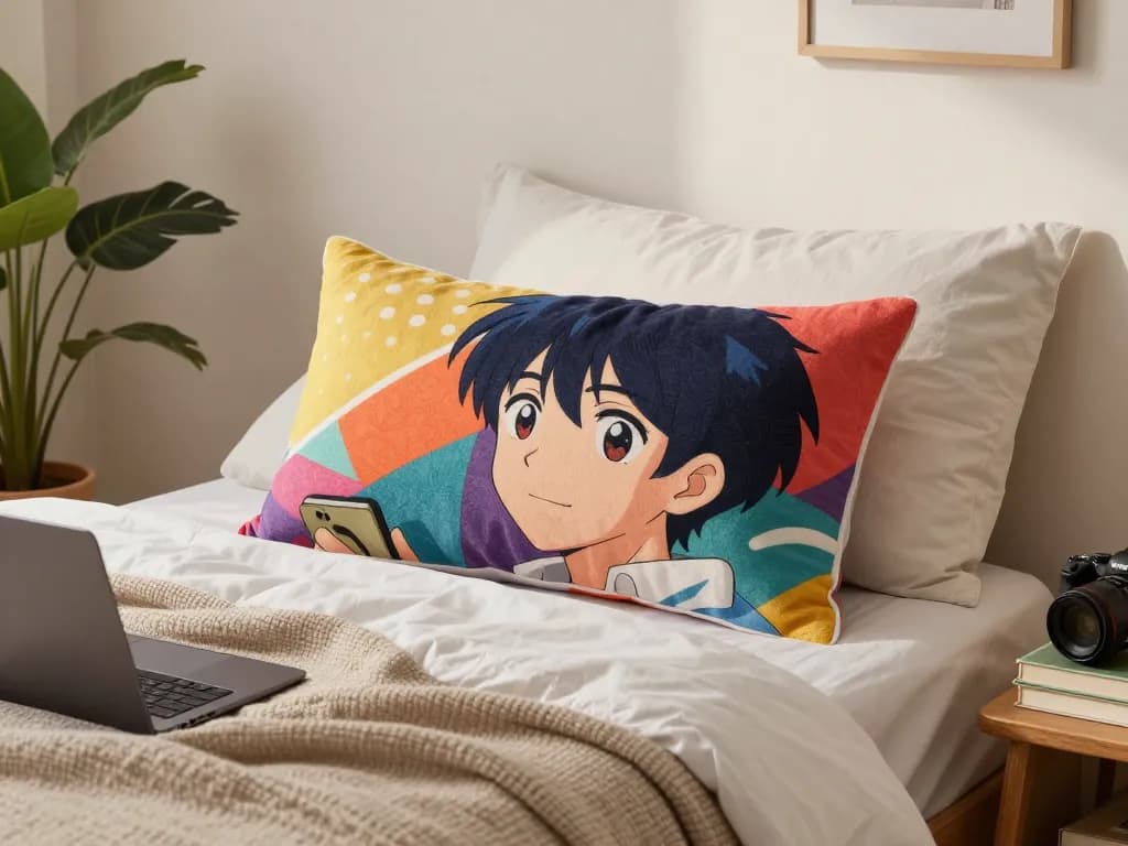Custom body pillow in a cozy bedroom, showcasing vibrant colors and anime design, enhancing personal comfort.