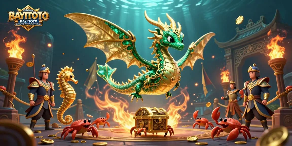BAYITOTO Platform Togel Online Terpercaya BAYI TOTO dengan Peluang Menang Tinggi showcases a dynamic underwater casino scene with vibrant sea creatures.