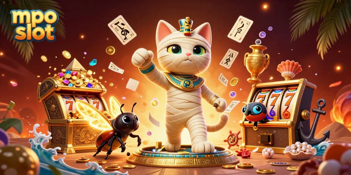 Spin the mpo slot and win big with the Egyptian mummy cat and scarab beetle in action!