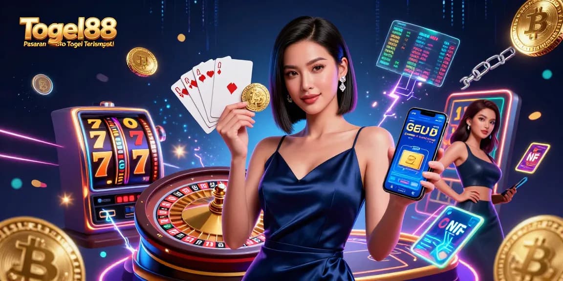 Togel88 Pasaran Toto Togel Terlengkap showcases a vibrant scene with an Asian woman confidently holding a golden chip and casino app, surrounded by dynamic slot game elements.