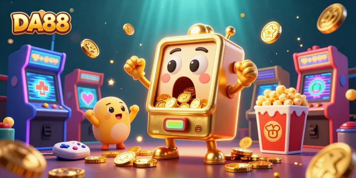 Experience the excitement of DA88 as a golden slot machine hits a jackpot surrounded by cheering companions.