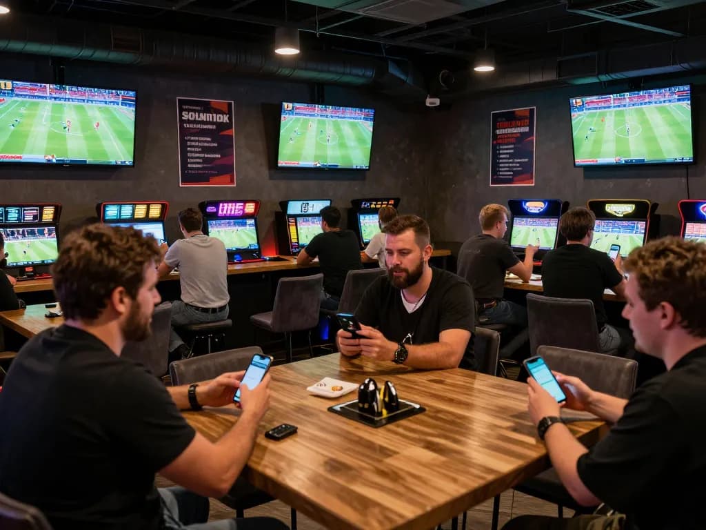 Siti scommesse stranieri engaging atmosphere with sports fans placing bets in a lively lounge setting