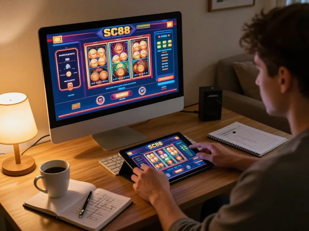 Engaging with SC88 casino platform on a tablet in a cozy home setting for online gaming.