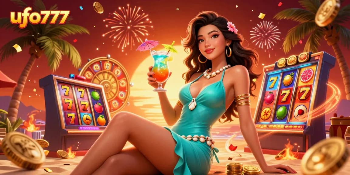 Play thrilling games at ufo777, featuring a glamorous casino scene with vibrant slot reels and jackpot elements.