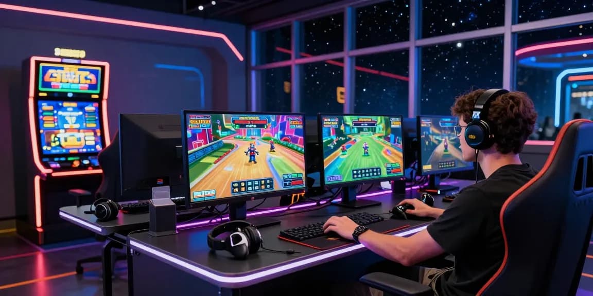 Player enjoying Spaceman88 online slot game amidst a vibrant gaming setup with neon lights.