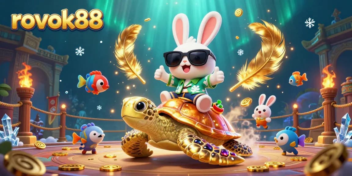 Experience thrilling action at rokok88 with a vibrant 3D casino illustration featuring a lucky rabbit and golden turtle.