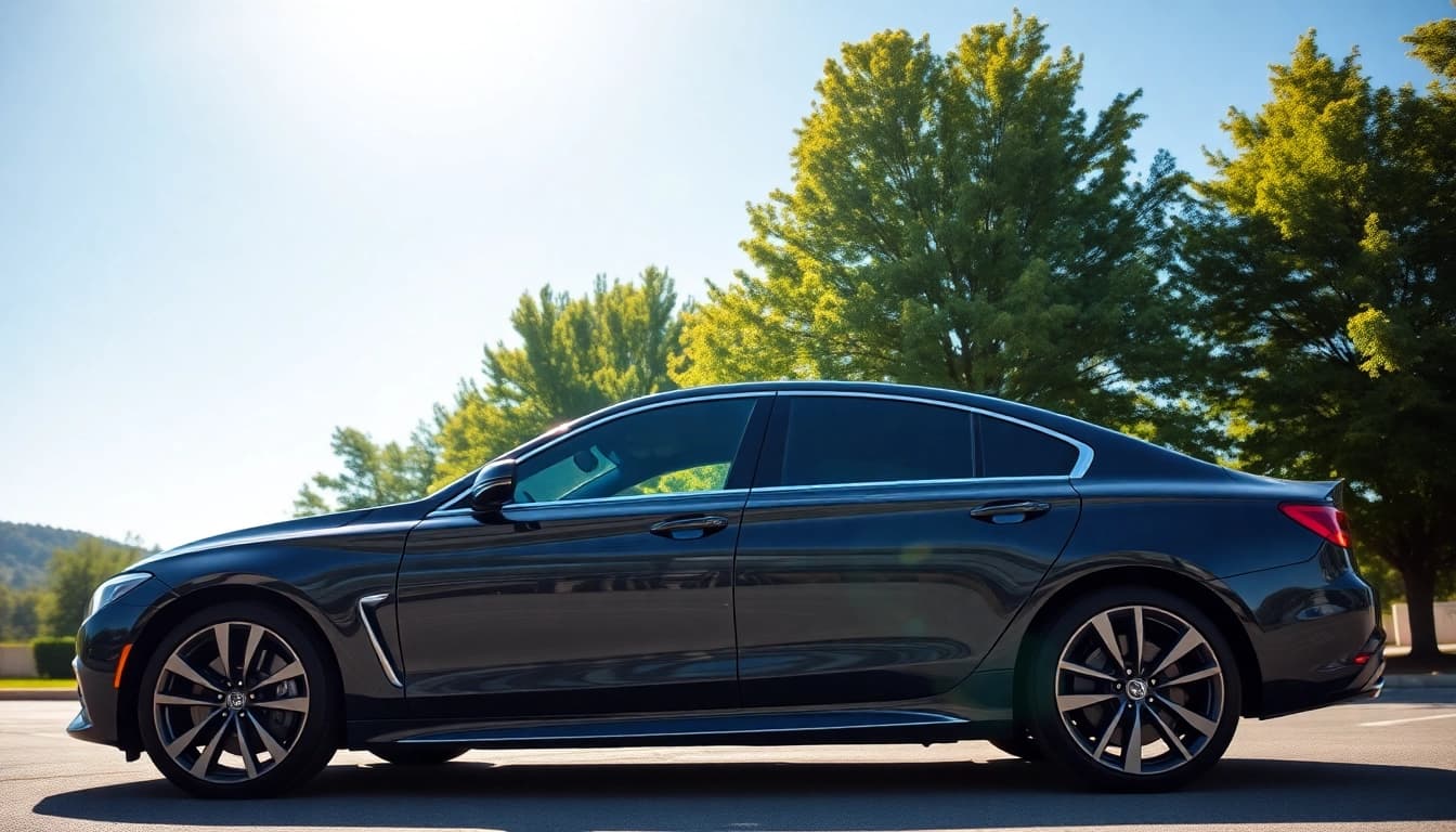 Highlight the benefits of an extended auto warranty with a polished car in a scenic setting.
