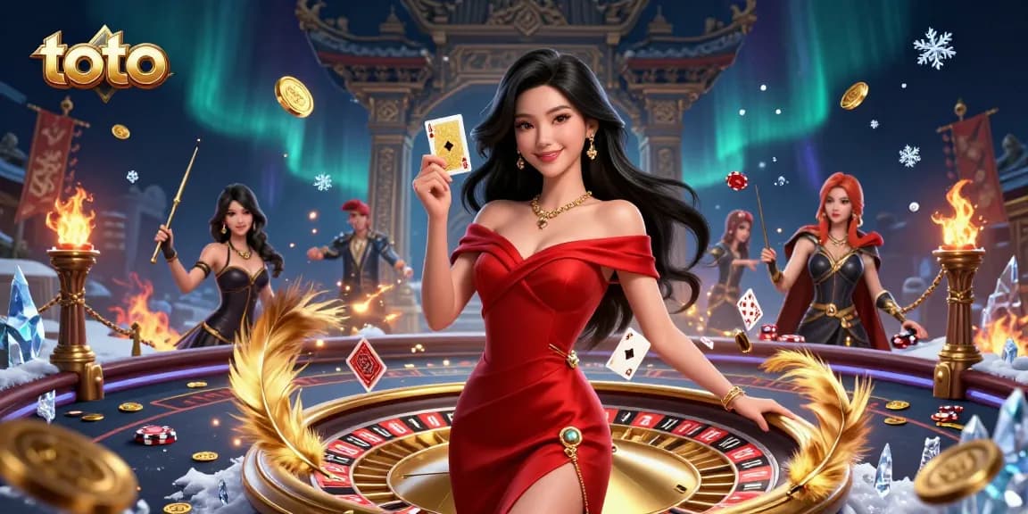 Toto casino scene featuring an elegant Asian woman holding a golden playing card beside a roulette wheel.