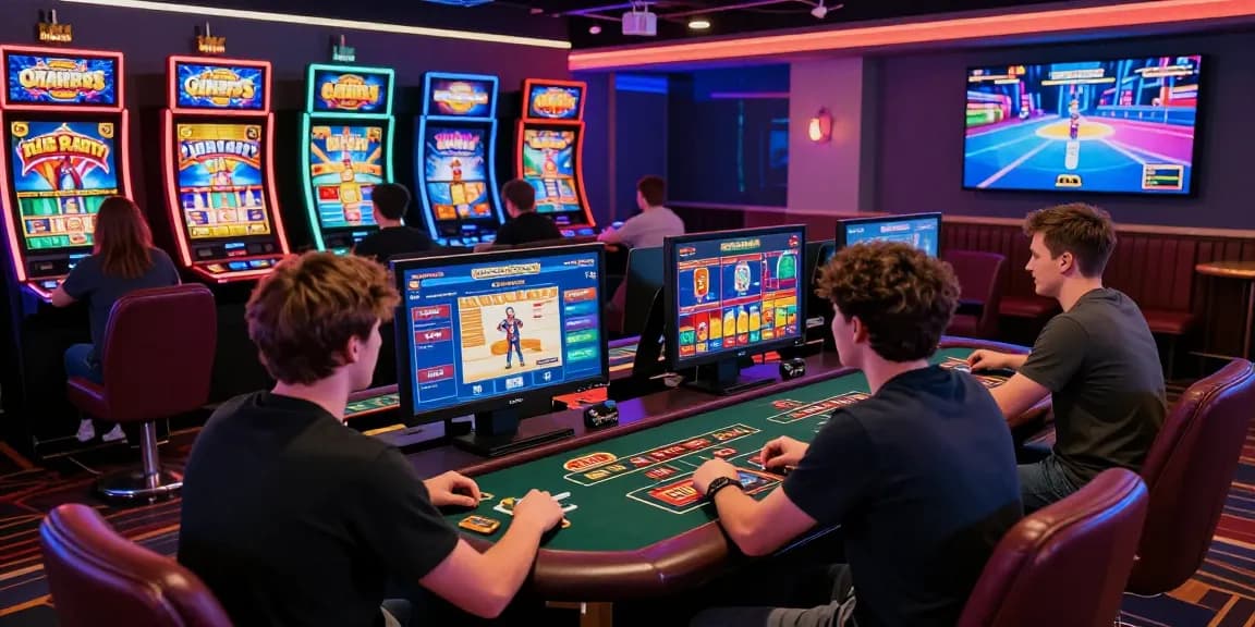 Engaged players at credit card casinos UK enjoying vibrant gaming table with exciting slot games.