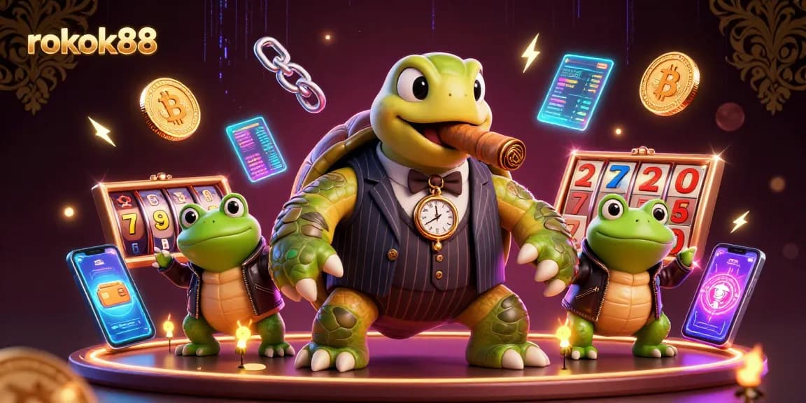 Experience the casino action with rokok88, featuring a snapping turtle mobster and bullfrog enforcers.