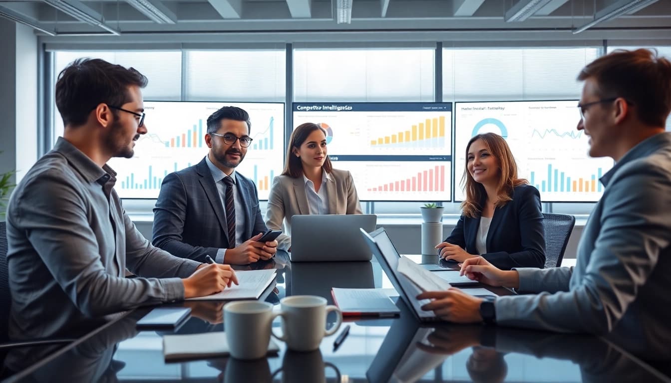Enhance your understanding of competitive intelligence FAQs with a collaborative business team analyzing data.