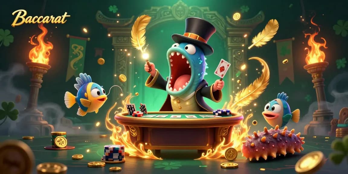 Baccarat table scene with magical sea creatures performing card tricks, showcasing vibrant casino energy.
