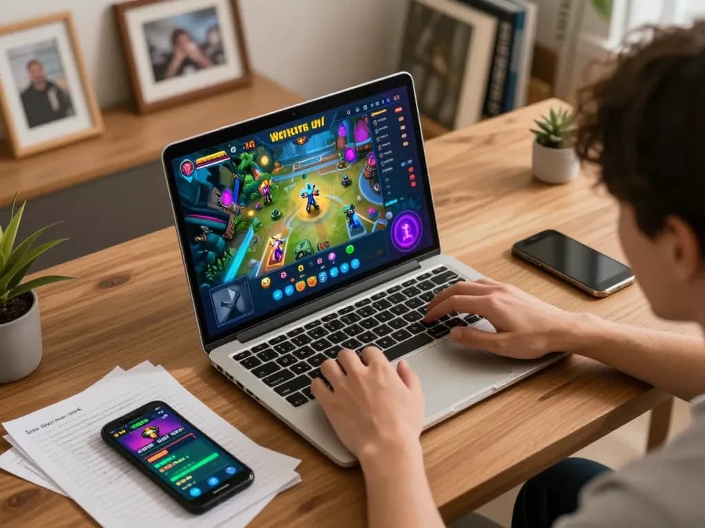 Player enjoying เว็บสล็อต on a laptop with vibrant graphics, enhancing strategic gaming experience.