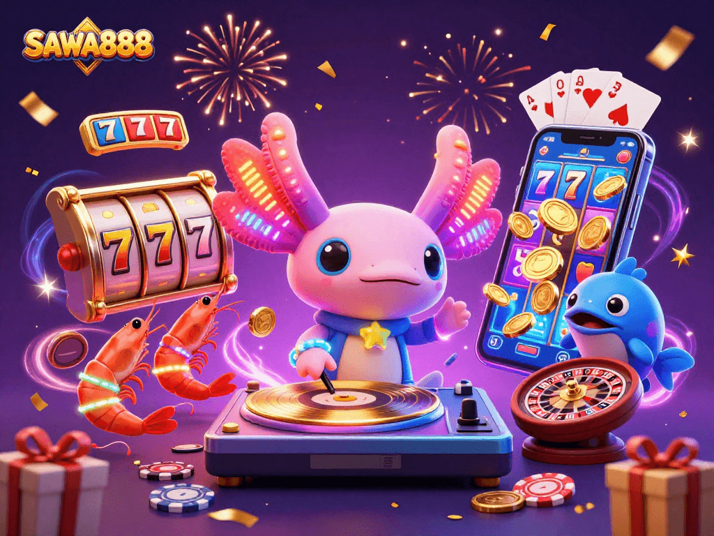 Engage in thrilling slots at SAWA888 with vibrant 3D characters and colorful casino elements.