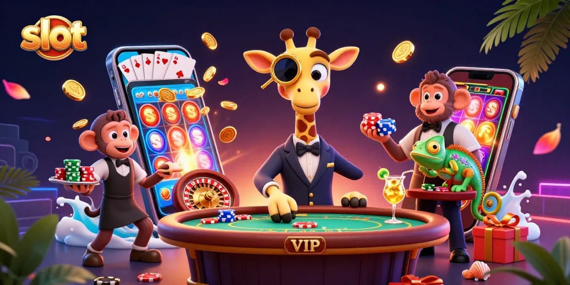 Experience the thrill of slot games with a high-roller giraffe and exciting casino scenes.