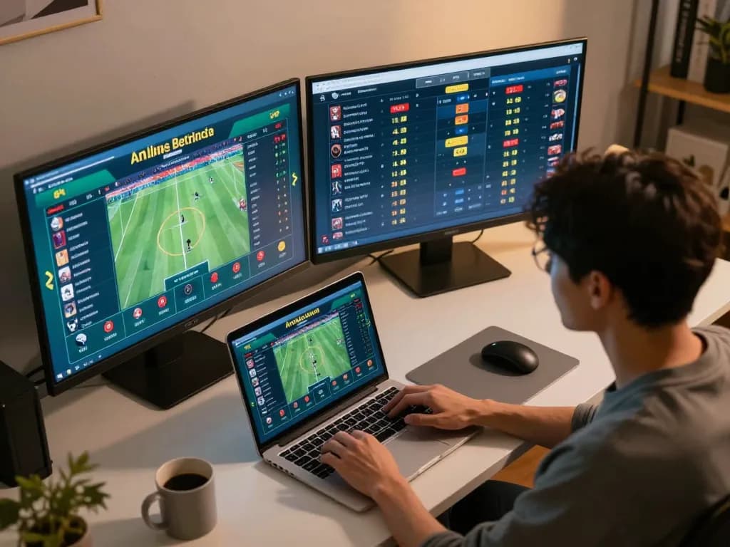 Person engaged in online sports betting on qq88, analyzing odds with focused expression in modern home office.