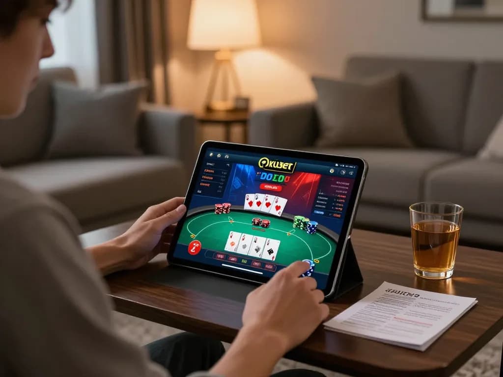 Engaging home gaming scene with kubet poker interface displayed on tablet in cozy living room setting.