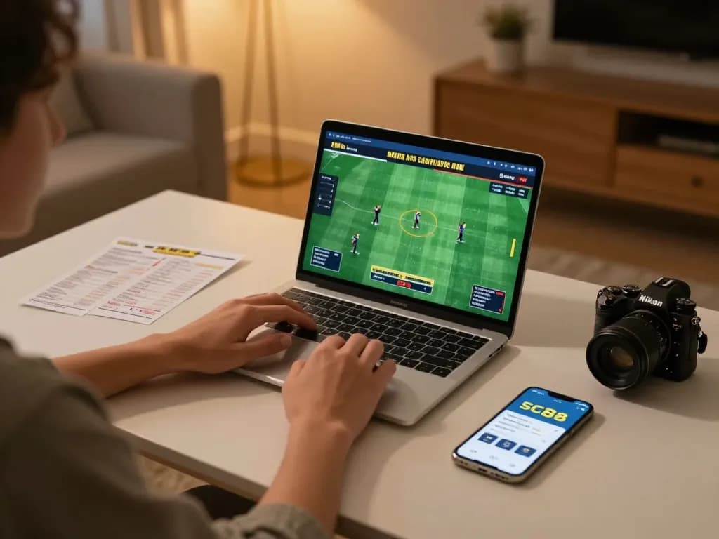 Person using sc88 app for sports betting on a laptop in a cozy home setup.