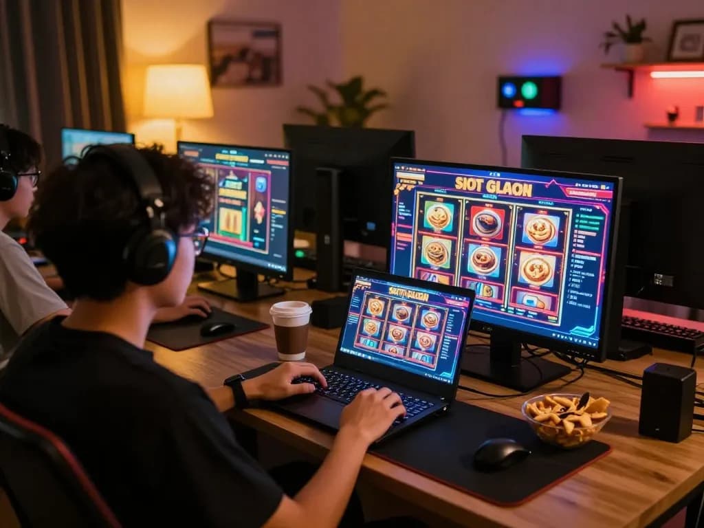 Player enjoying situs slot gacor on laptop, surrounded by snacks and warm ambiance.