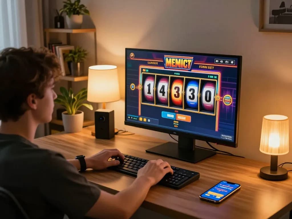 Engaged player using a slot server kamboja on their computer at home for exciting online gambling.