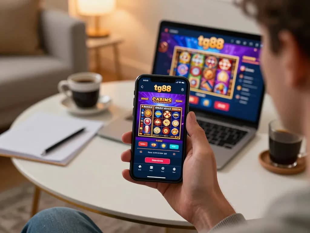 Player enjoying tg88 online casino gaming on smartphone, showcasing dynamic interface and responsible gaming atmosphere