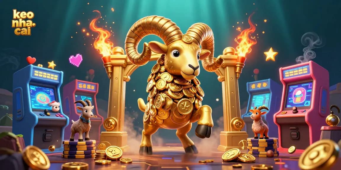 Engage with keo nha cai through a vivid, animated scene featuring golden ram and arcade game elements.